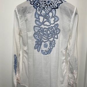 Johnny Was 3 J Workshop Nina Ruched Shirt #5961-3J Floral Embroidered Shirt SZ M